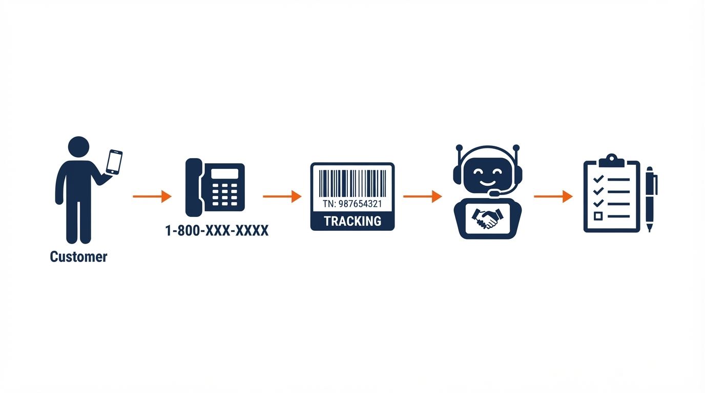 A five-step flow: customer calls, the call reaches the business number, forwards to a tracking number, then to an AI receptionist, then to a workflow that captures the job