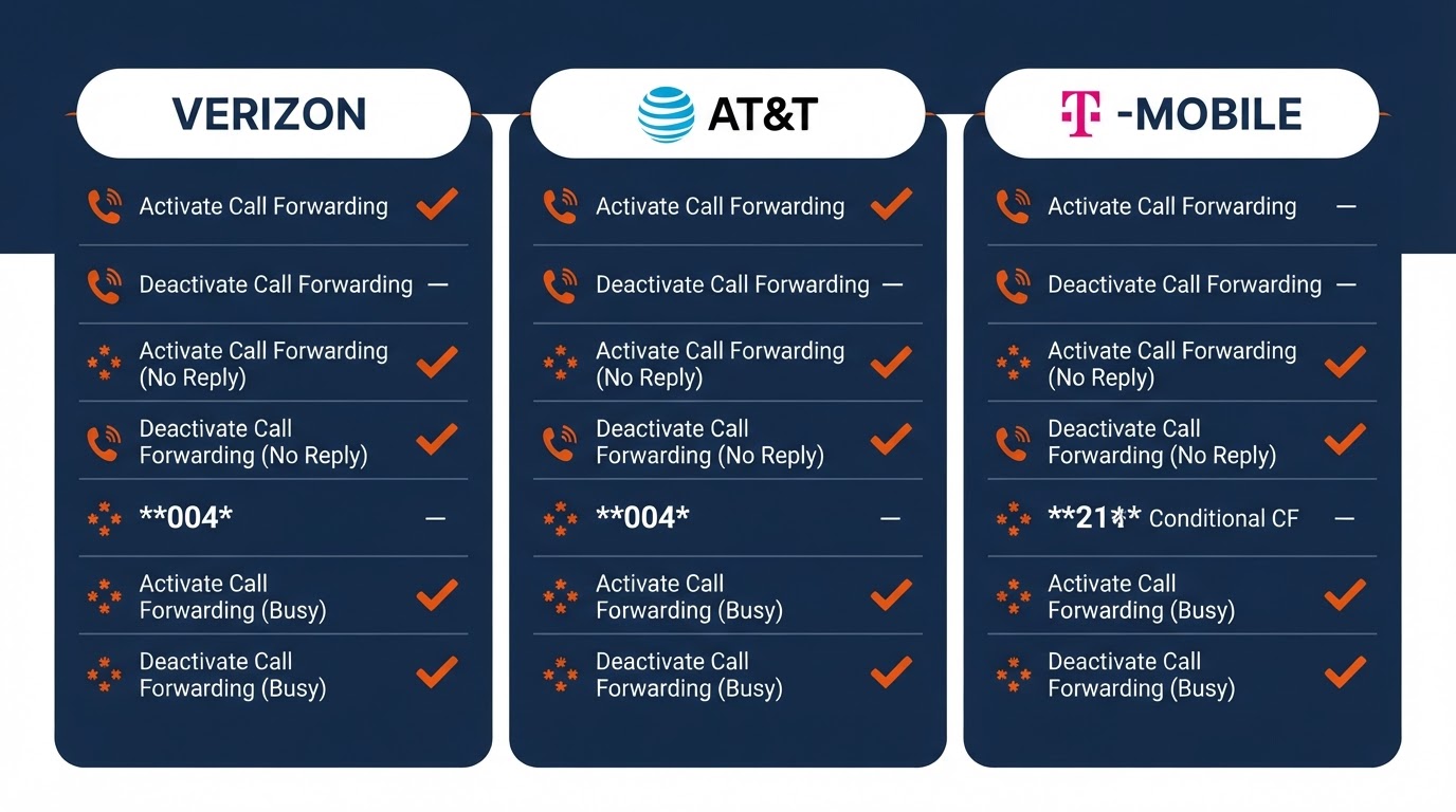 Call forwarding code comparison card for Verizon, AT&T, and T-Mobile