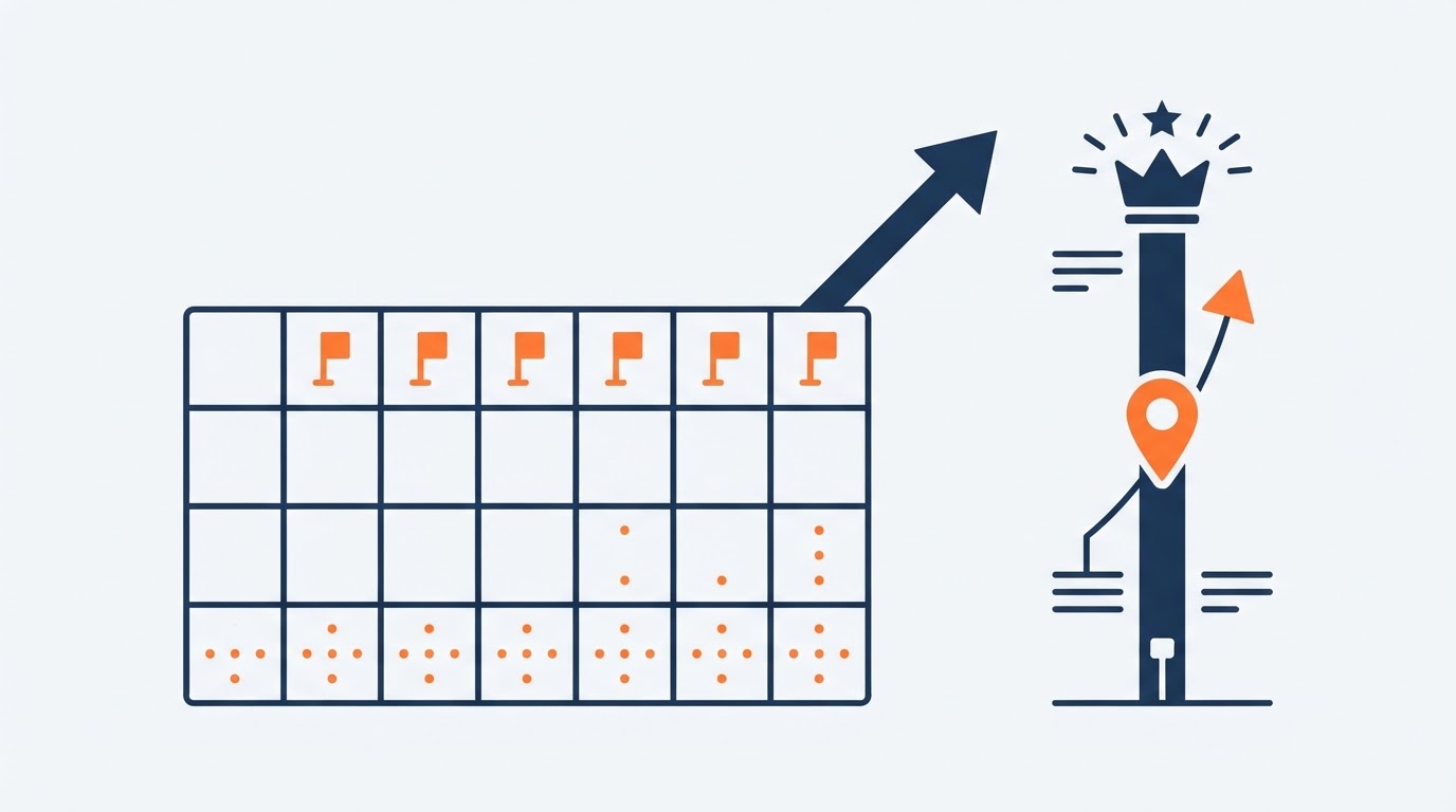 A weekly calendar filling up with post markers connected by a rising arrow to a map pin climbing from a low rank to a top rank