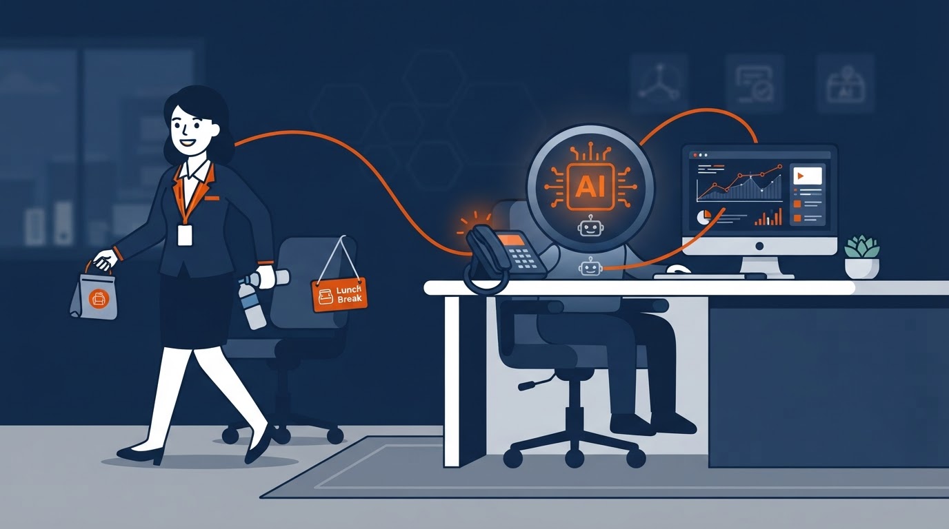 A human receptionist icon and an AI badge icon working side by side, connected by an orange line