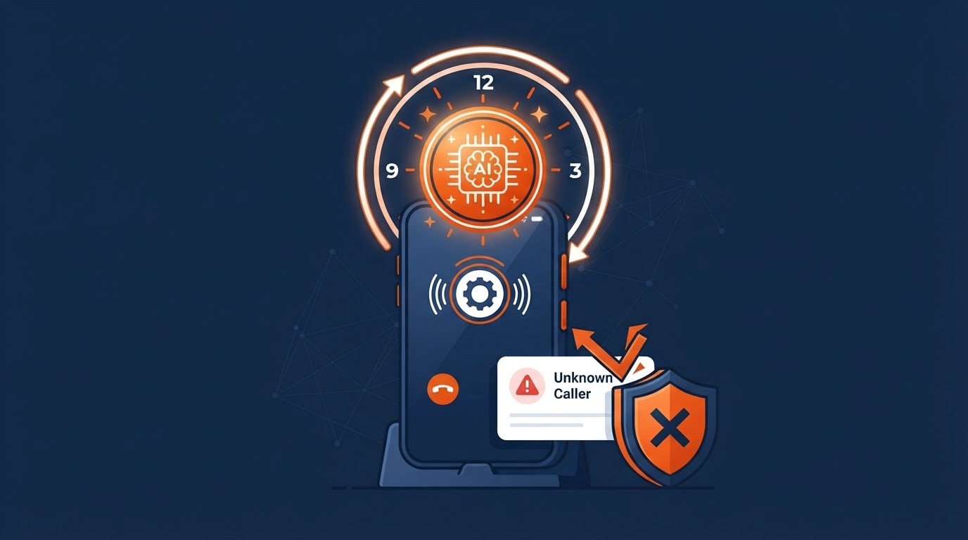 A smartphone answering a call with a glowing AI badge, a 24/7 clock halo, and a shield blocking a spam call, on a navy background