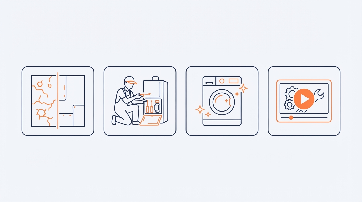 Four tiles showing what to capture: a before-and-after repair, a technician at work, a finished appliance, and a short video clip