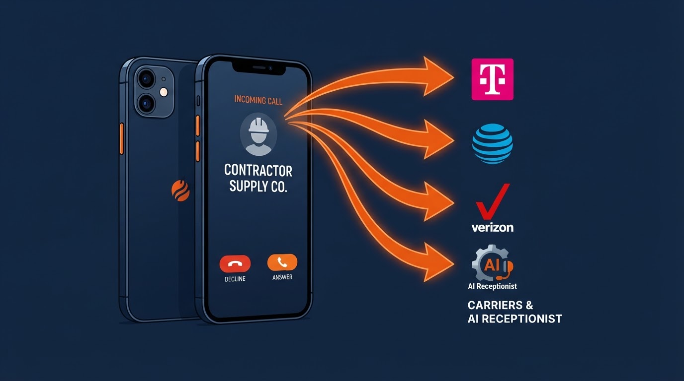 Illustration of a smartphone forwarding incoming calls to an AI receptionist with safety orange accents on navy background