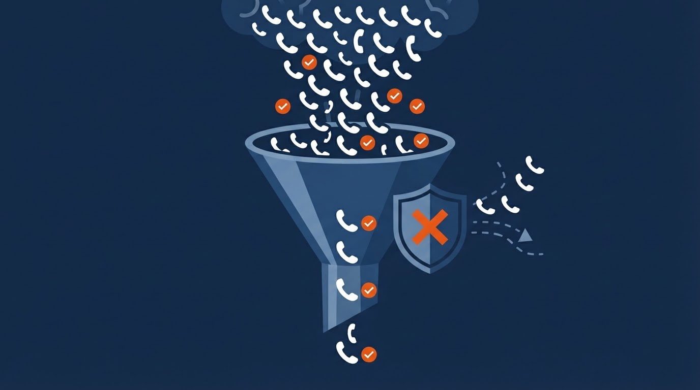Incoming calls funneling through a filter — real customer calls pass with a checkmark, spam calls are deflected by a shield