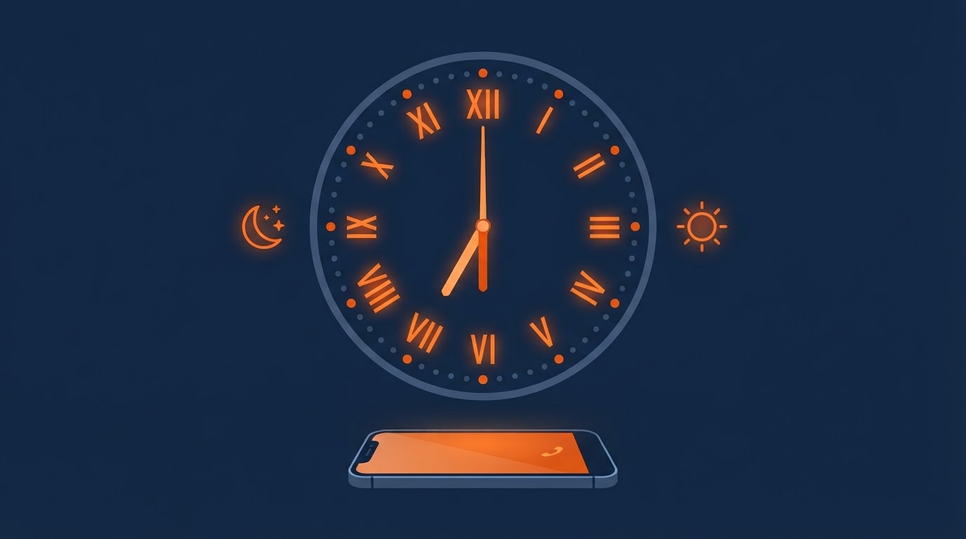 A 24-hour clock face with all hours lit in safety orange, a smartphone always lit and ready to answer beneath it