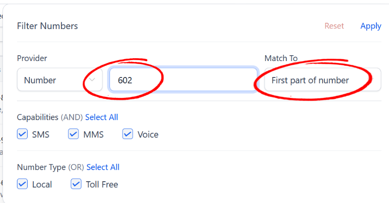 Step 5: Filter numbers pop-up showing area code input and First part of number selection circled in red