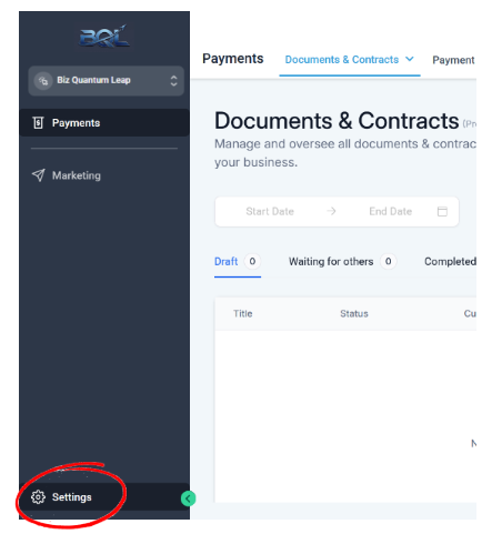 Step 1: Navigation bar showing BQL and the Settings gear icon circled in red