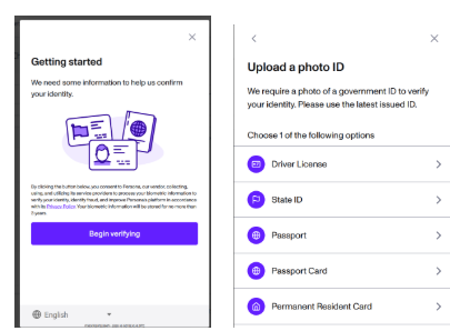 Step 7: Verification process showing Getting started with Persona and Upload a photo ID