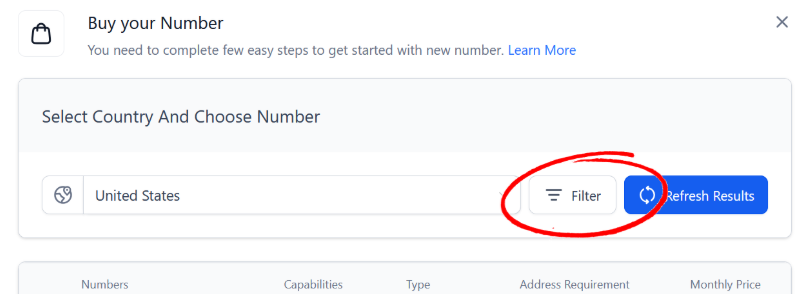 Step 4: Buy your Number modal with Filter button circled in red