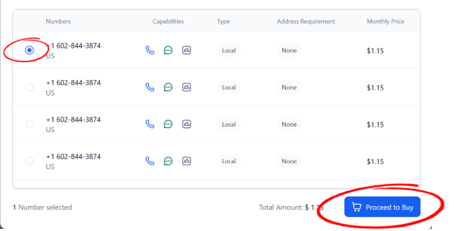 Step 6: Select available phone number and click Proceed to Buy circled in red