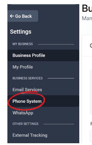 Step 2: Settings sidebar with Phone System circled in red under Business Services