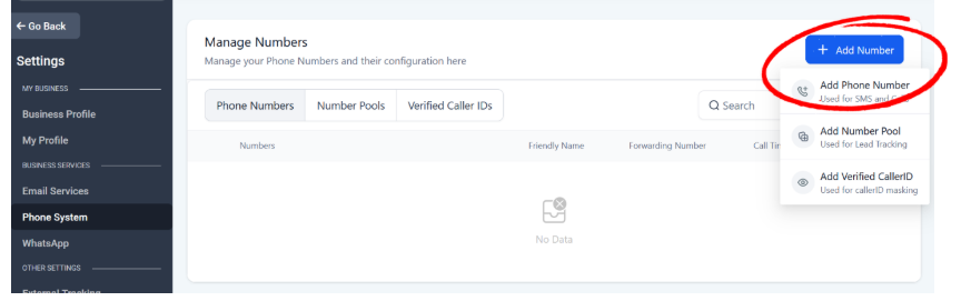 Step 3: Manage Numbers dashboard with Add Number dropdown circled in red