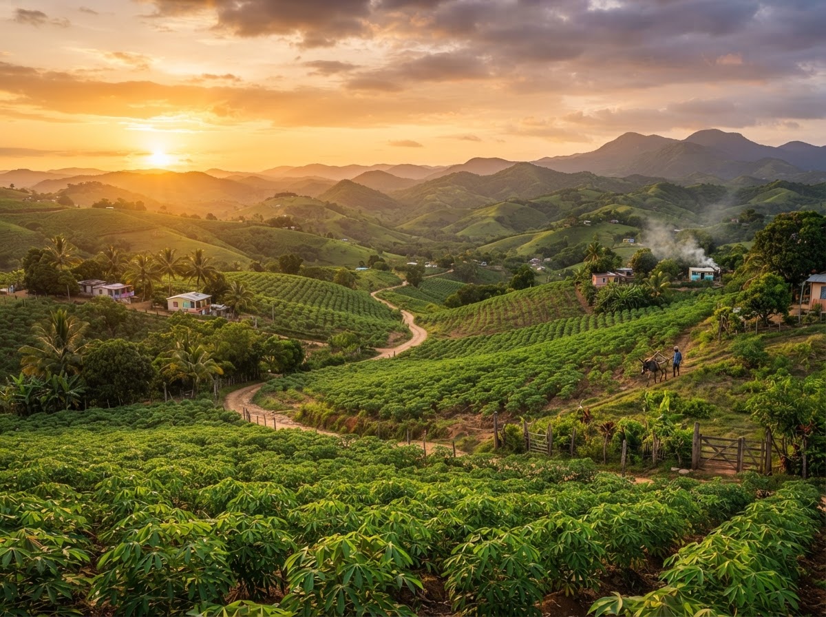 Cassava fields in Monción at golden hour