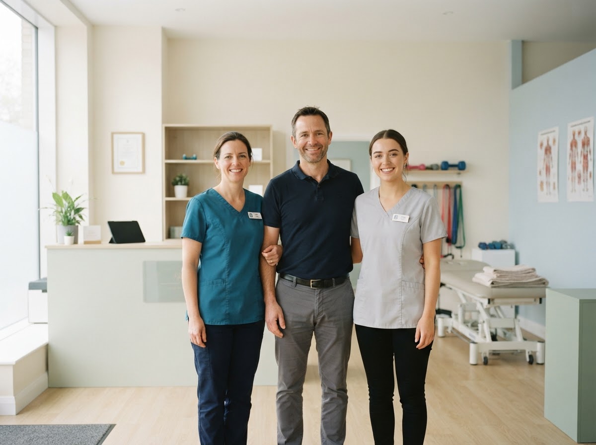 Equipo de fisioterapeutas de una clínica pequeña unido y confiado en un entorno luminoso