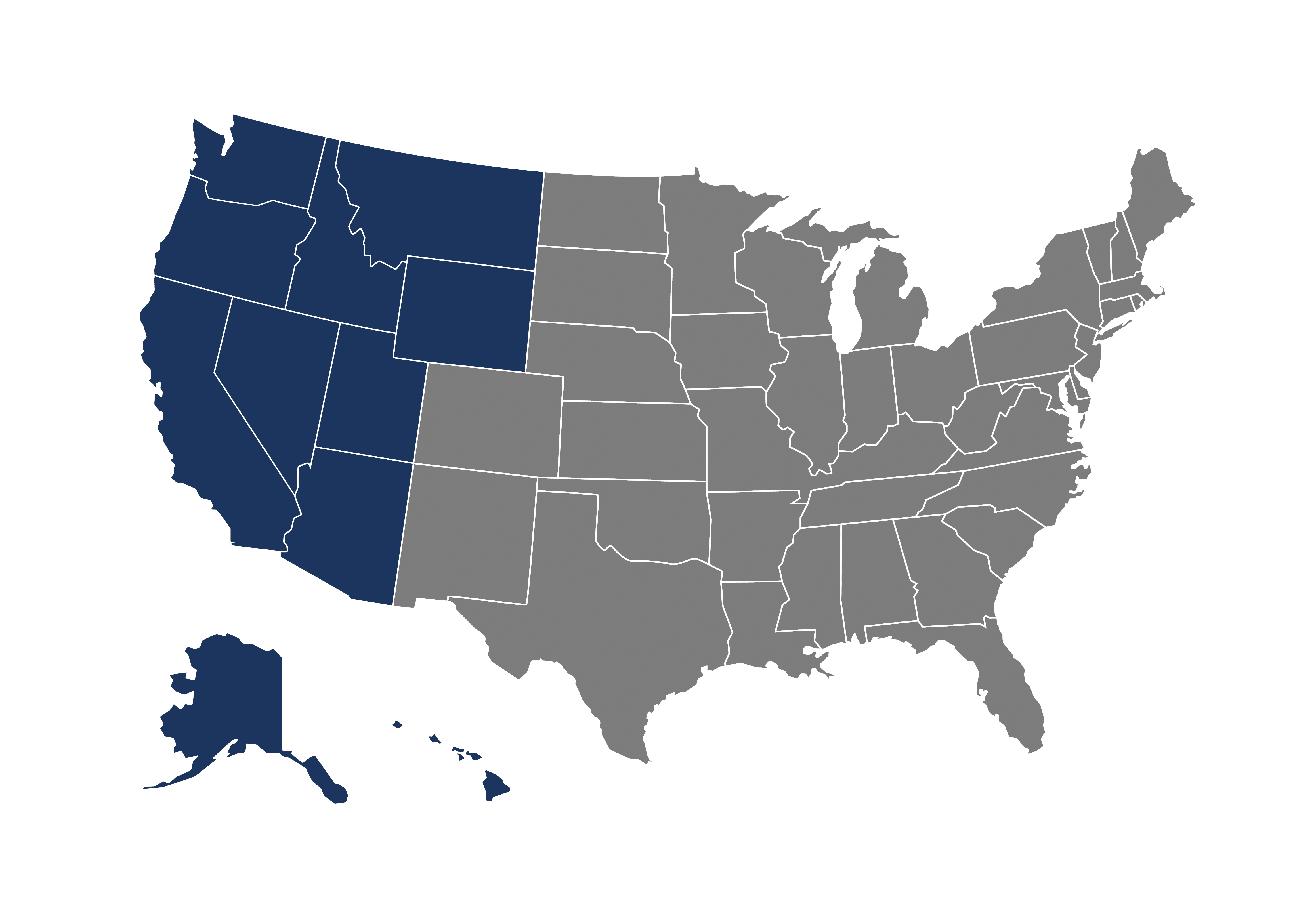States We Serve Map: WA, OR, CA, ID, UT, NV, WY, MT, AZ, AK, HI