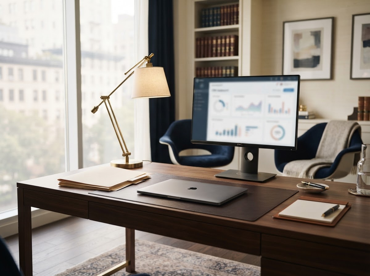 Despacho jurídico con sistema de IA conversacional y CRM en pantalla