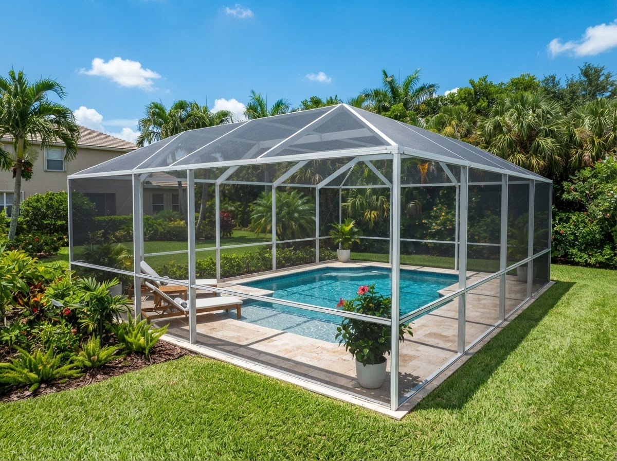 Screened pool cage enclosure in a sunny Florida backyard