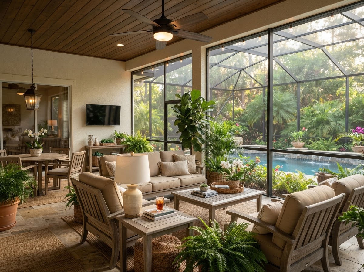 Screened lanai patio with outdoor furniture and ceiling fan
