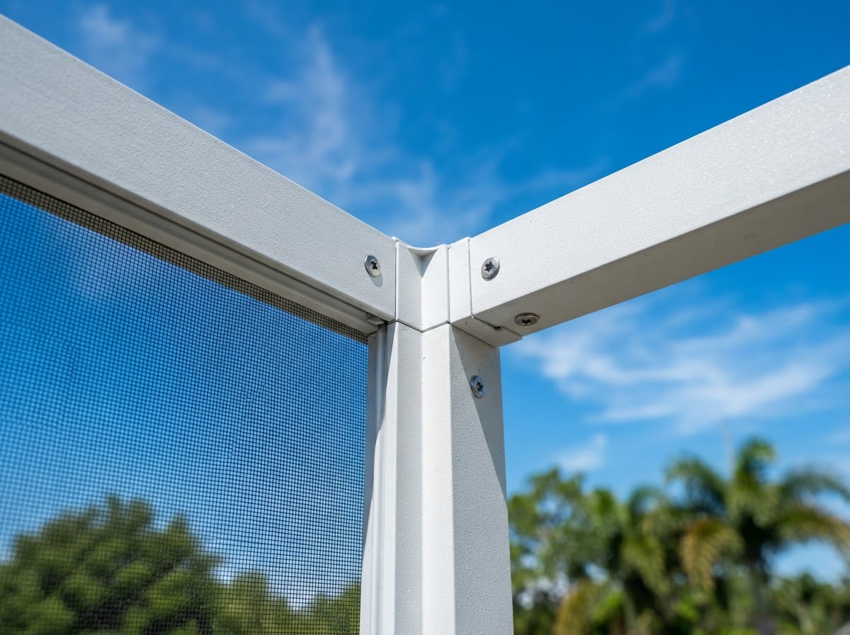 Close-up of aluminum screen enclosure frame with fine mesh