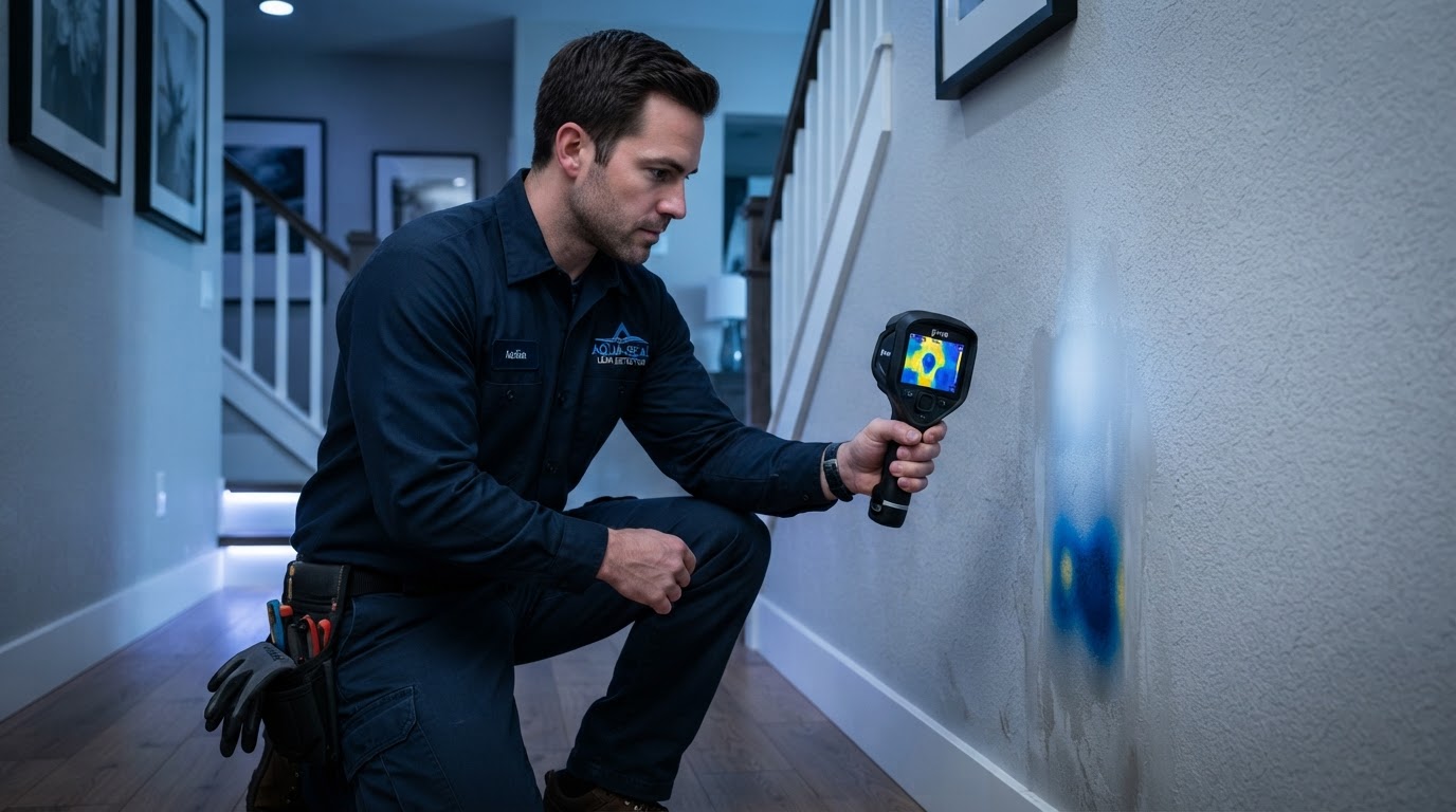 Leak detection technician using thermal imaging camera