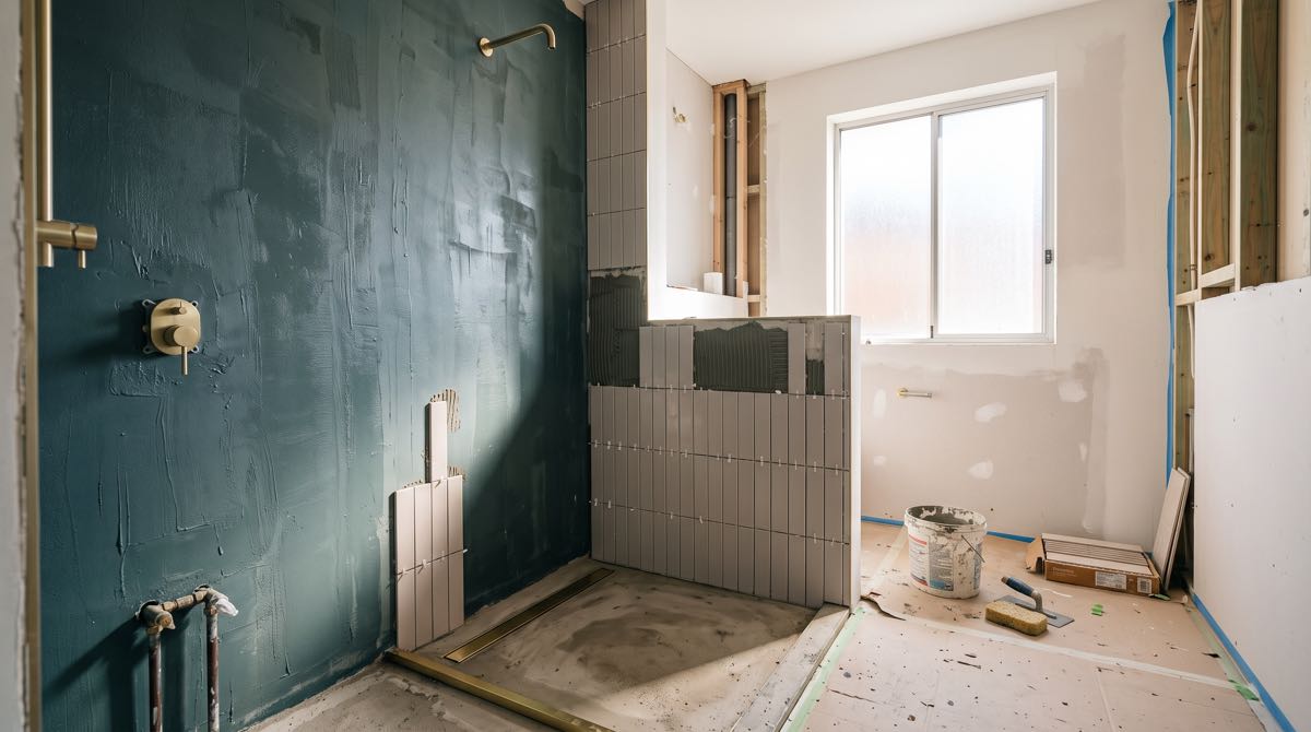 Sydney strata apartment bathroom renovation in progress featuring dark green waterproof membrane shower wall, brass plumbing fittings, linear floor drain, and vertical subway wall tiling