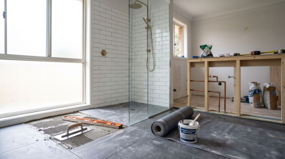 Walk-in shower renovation in Sydney showcasing waterproof membrane application, screed spirit level check, wall subway tiling, and brass shower fixtures