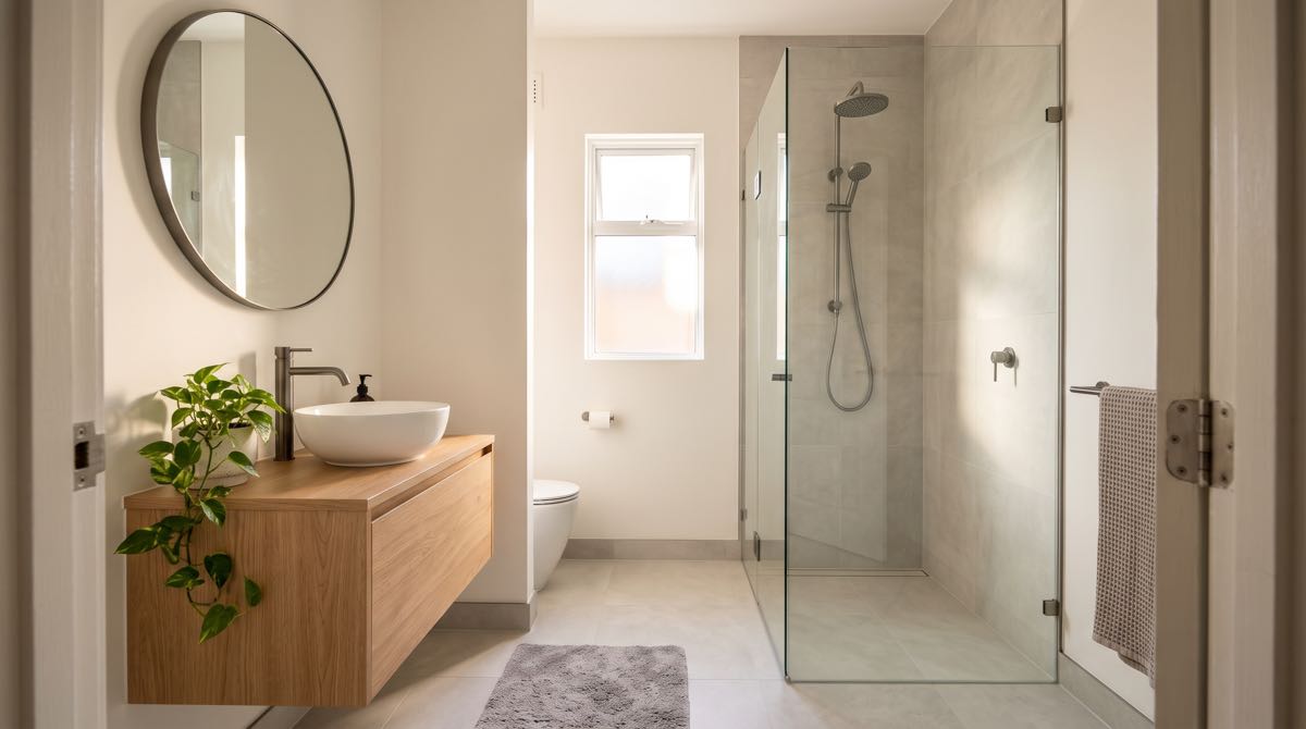 Compact modern Sydney bathroom renovation featuring a floating timber vanity, vessel basin, round mirror, and frameless walk-in shower with linear floor drain