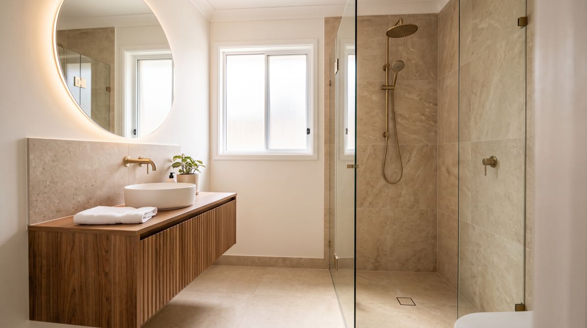 Modern warm minimalist Sydney bathroom featuring a fluted timber wall-hung vanity, backlit round LED mirror, brushed brass tapware, and a seamless walk-in shower with stone-look porcelain tiles
