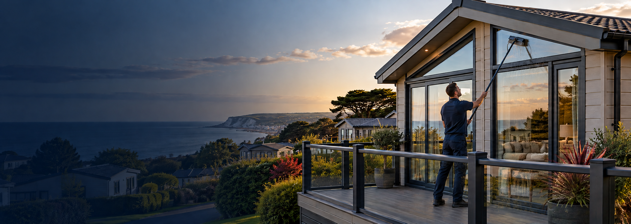 A Park Ready window cleaner using a pole-fed system to clean the windows of a holiday home