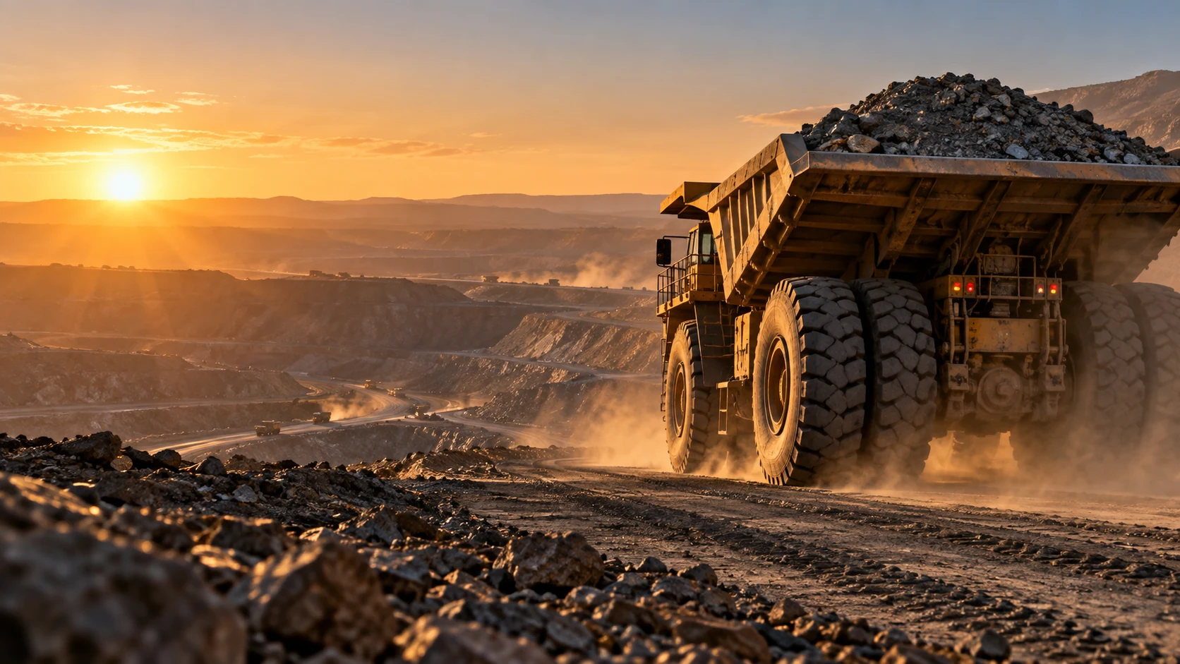 Mining haul truck operating in open pit at sunset