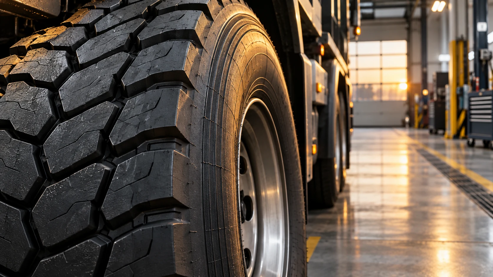 Close-up of heavy-duty commercial tyre tread