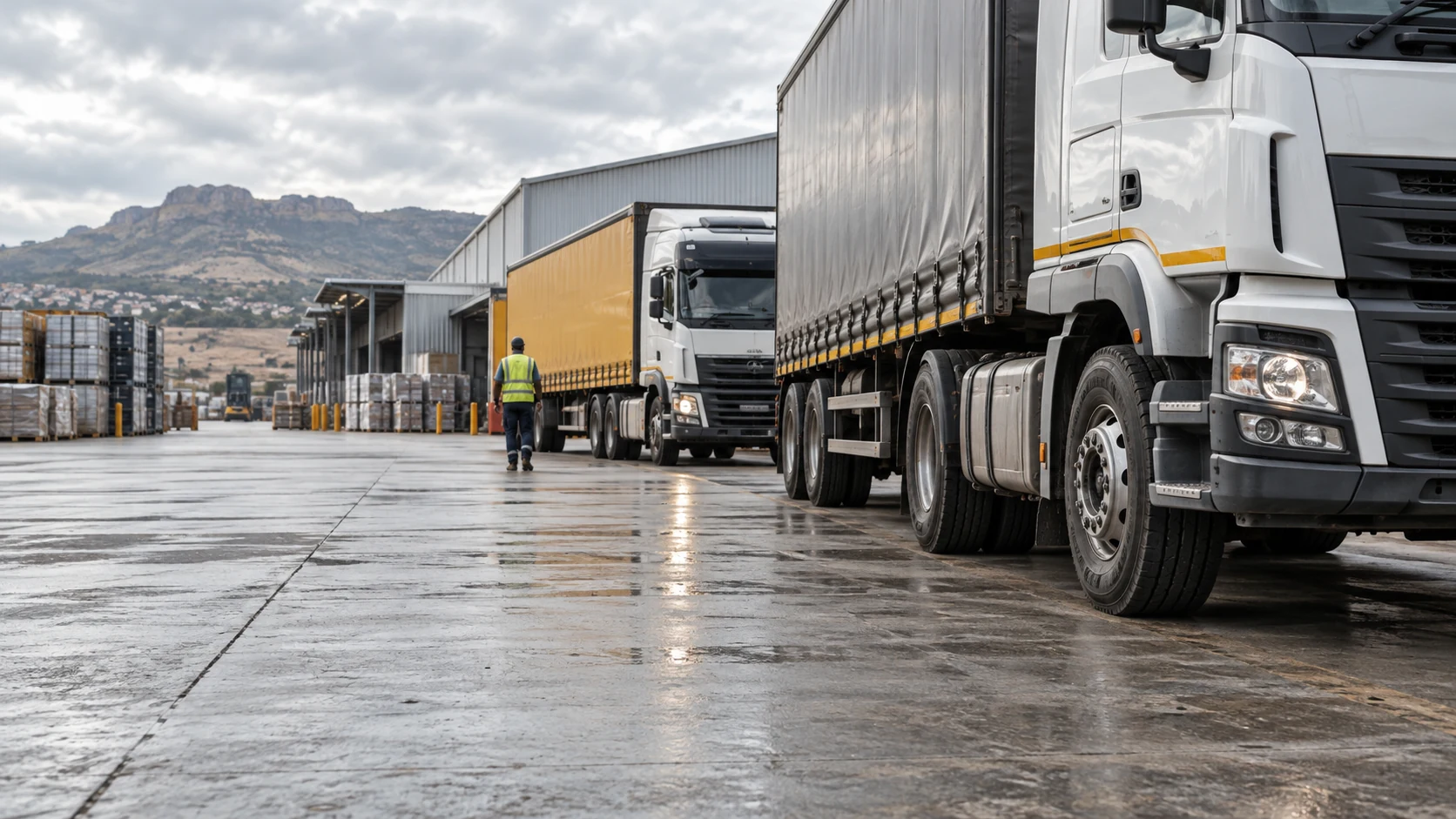 Commercial logistics haul trucks on freight tarmac