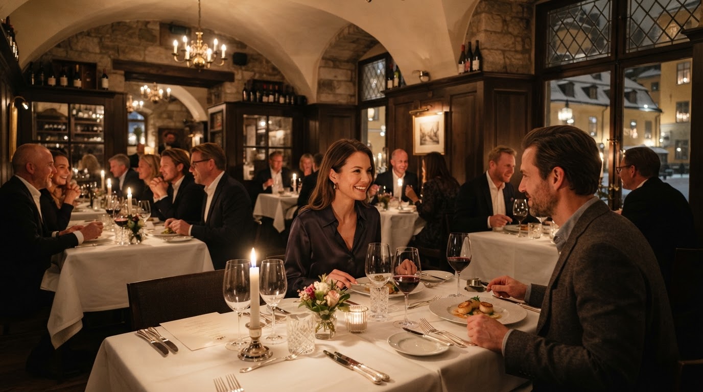 Fine dining restaurang med levande ljus och gäster