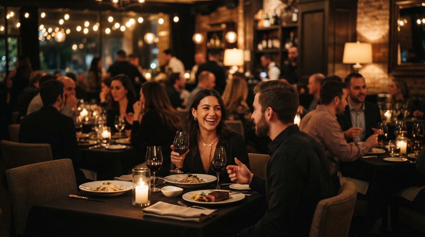 Restaurang på kvällen med gäster som njuter av middag i stämningfullt ljus