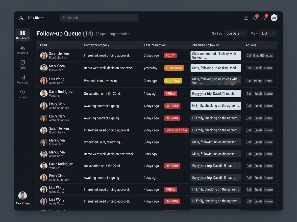 A follow-up reminders queue in the CRM with leads scheduled for follow-up