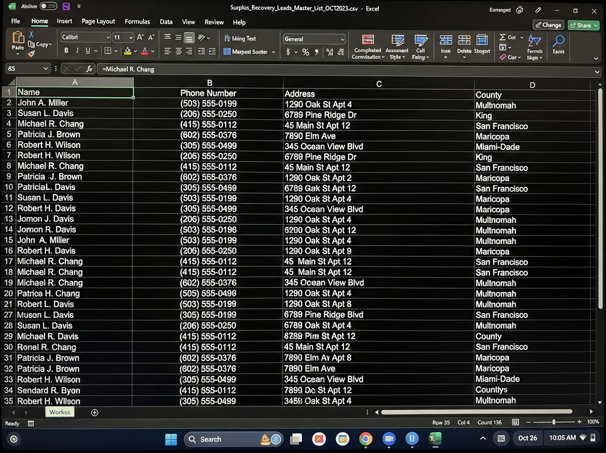 A raw spreadsheet list of surplus recovery leads with names, phone numbers and counties