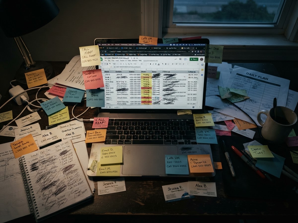 A chaotic manual lead-tracking setup with a messy spreadsheet, scattered sticky notes and overlapping browser tabs
