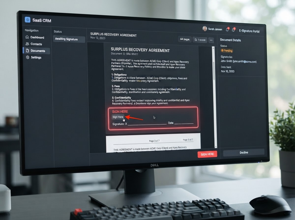 An e-signature document screen in the CRM with a surplus recovery agreement