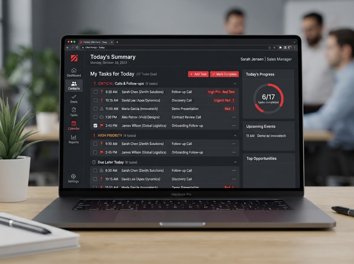 A Today's Tasks daily summary dashboard in the CRM with a clean prioritized list