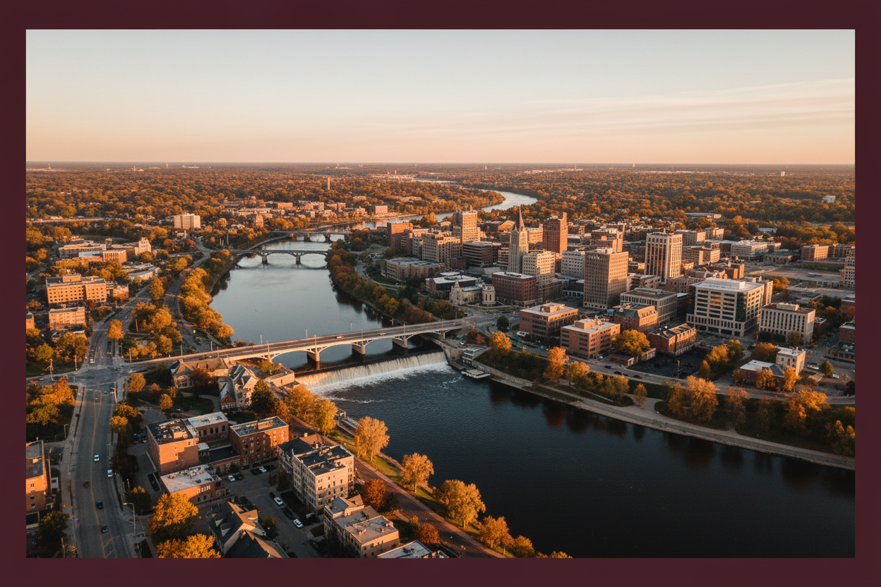 Scenic aerial view of Northeast Wisconsin Fox River valley and waterways at golden hour