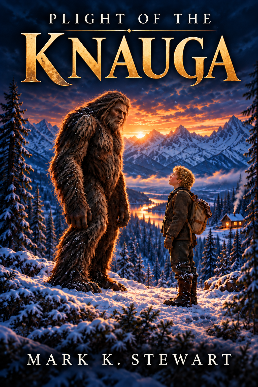 Book cover for Plight of the Knauga by Mark K. Stewart, showing twelve-year-old blonde Max looking up at the towering, fur-clad Knauga against a snowy Alaskan mountain sunset with a distant glowing cabin.