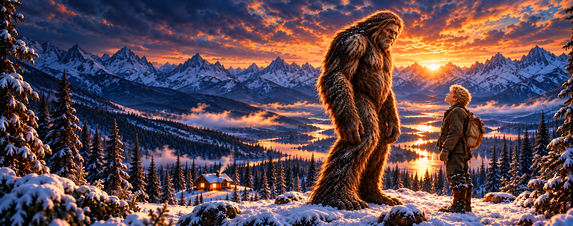 Twelve-year-old blonde Max Stiewert looking up in wonder at the tall, fur-clad Knauga against a snowy Alaskan mountain sunset, distant glowing peaks, and a warm cabin at dusk in 1957.