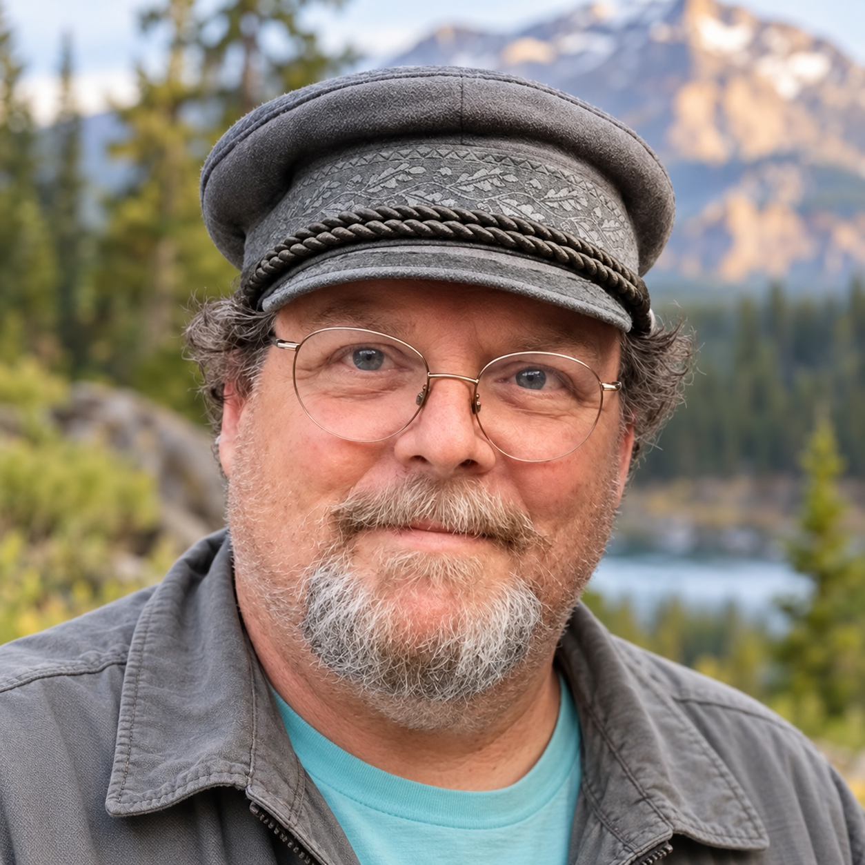 Author portrait of Mark K. Stewart wearing a peaked cap and glasses against an outdoor mountain landscape.