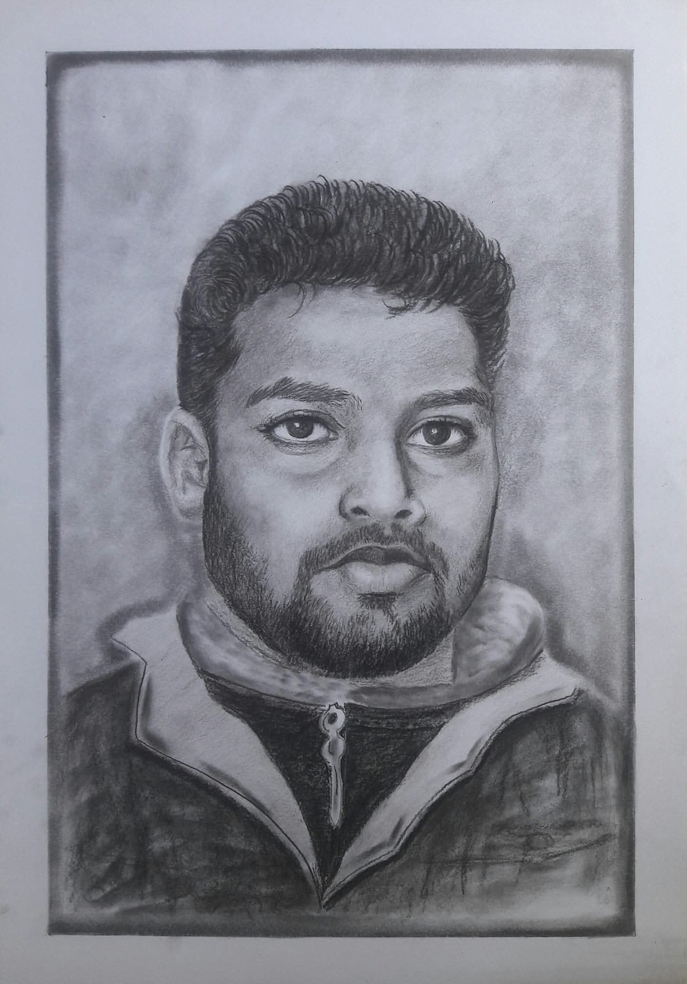 Monochrome drawing of a bearded man wearing a zipped jacket with a shaded border