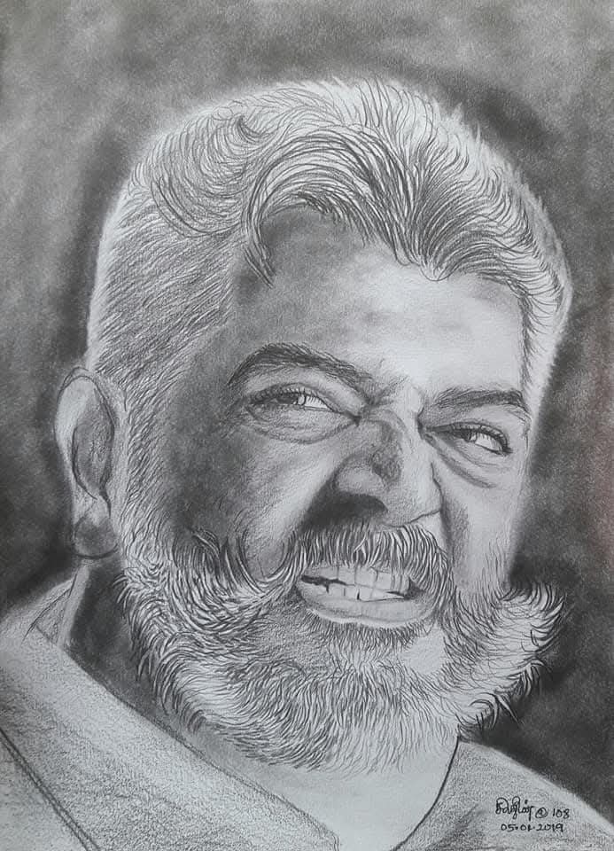 Smiling man with a white beard and styled moustache, signed 05.01.2019