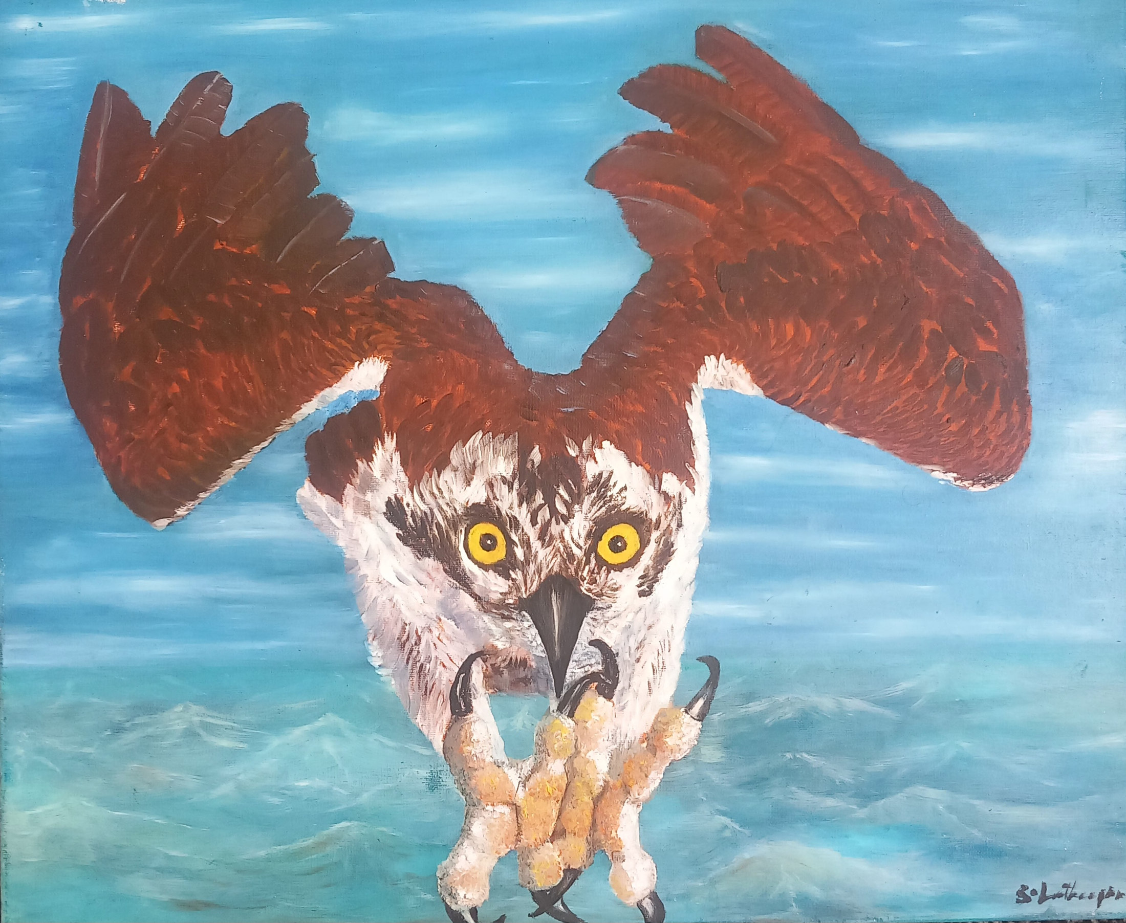 Painting of a bird of prey in flight diving towards water with outstretched talons and wings, signed S. Latheepan