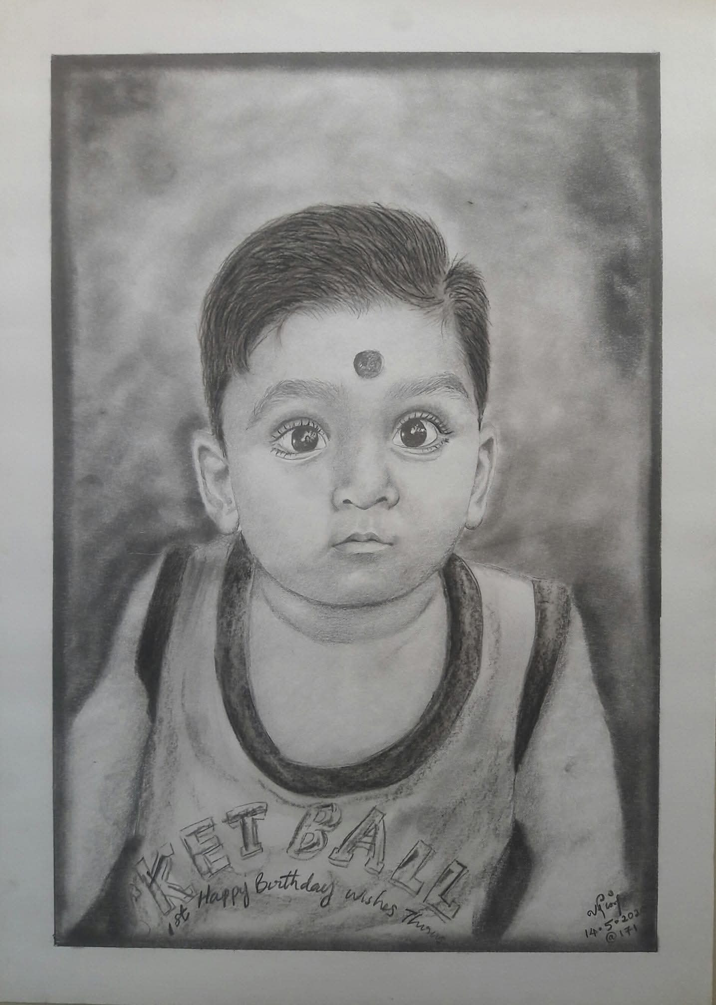 Young child in sleeveless top with birthday inscription, dated 14.5.2020