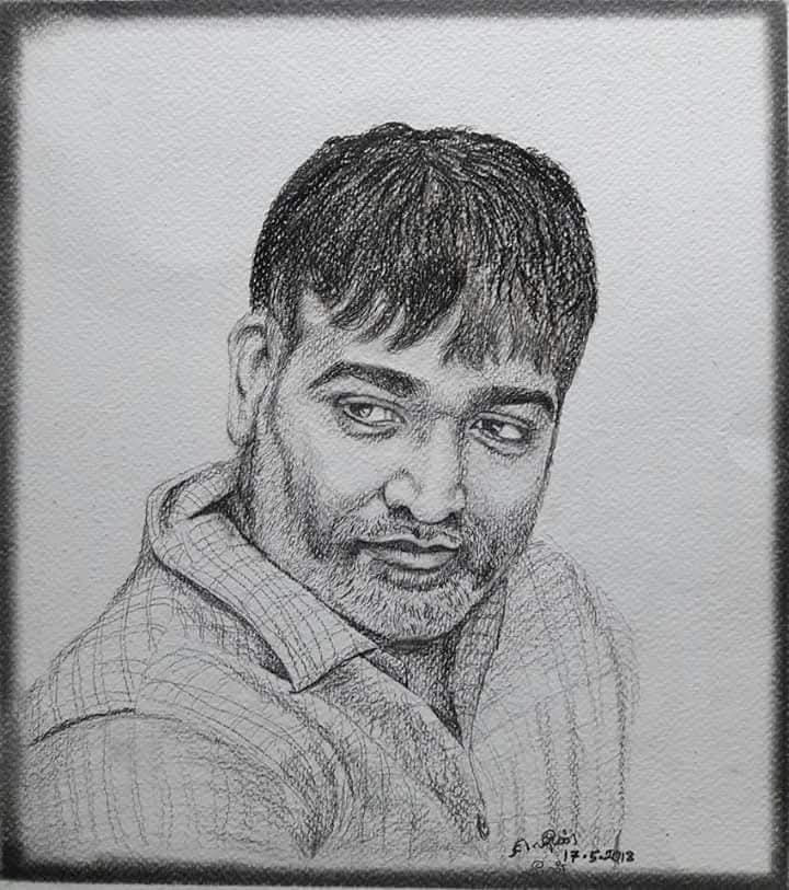 Man wearing a collared shirt, cross-hatched portrait signed 17.5.2018