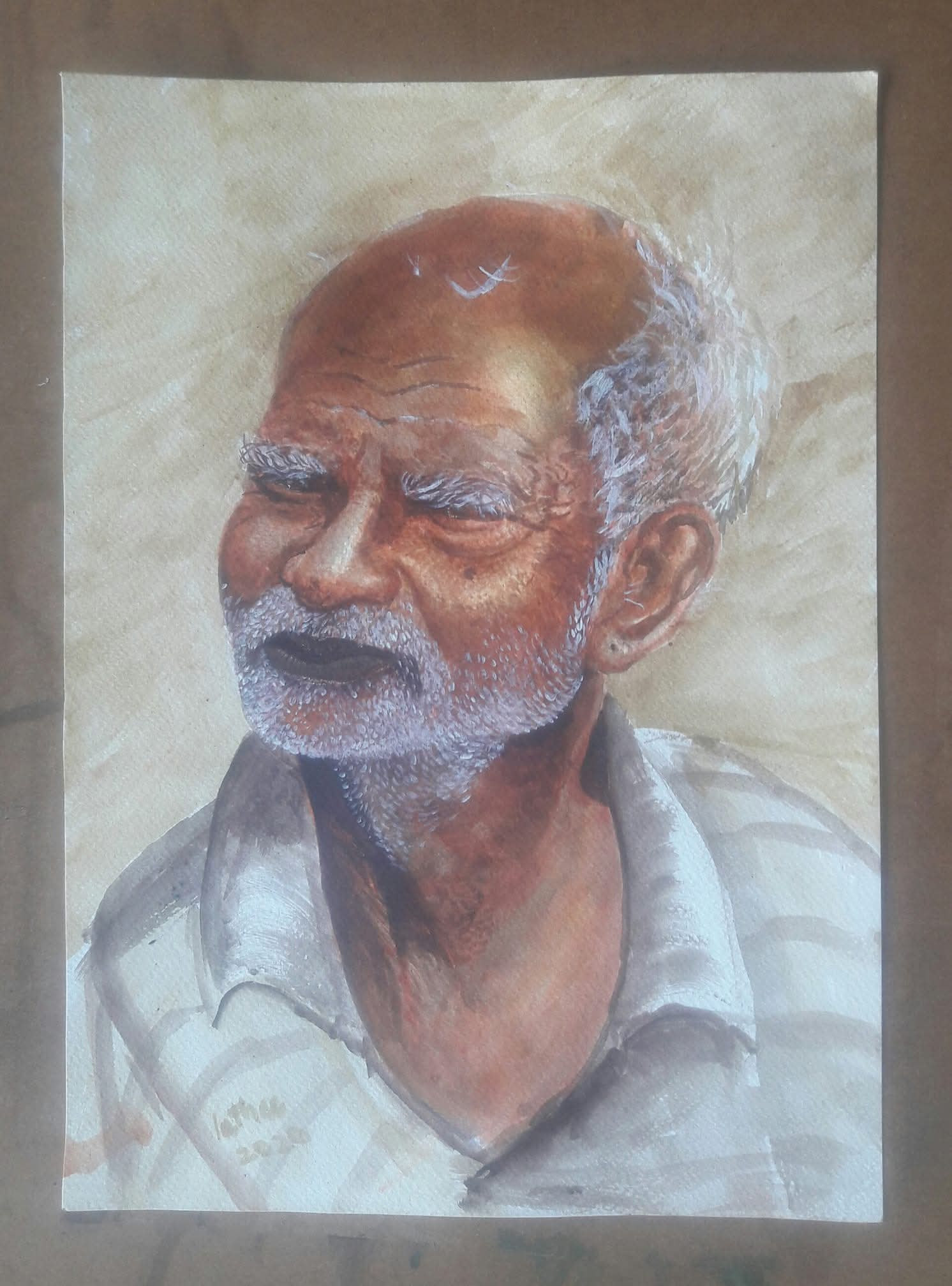 Painting of an elderly man with white beard and hair in a striped shirt, signed Lathee 2020