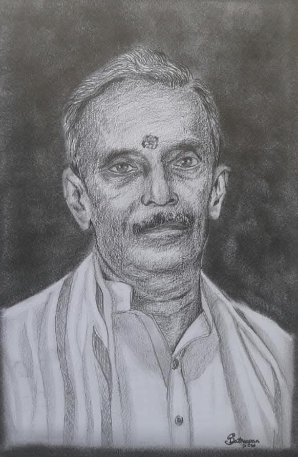 Man with moustache, forehead marking and traditional shawl, signed Latheepan